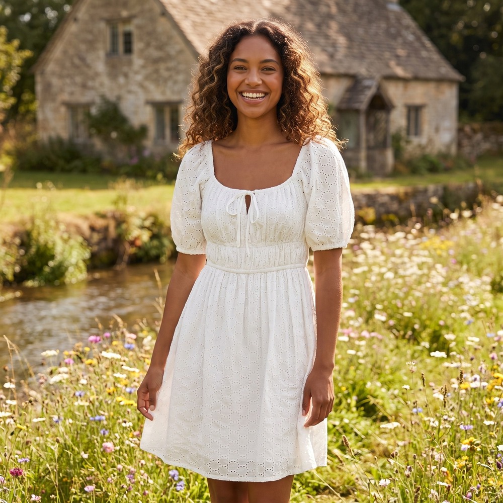 Sim & Sam Eyelet Mini Dress Womens S White Cottagecore Boho Summer